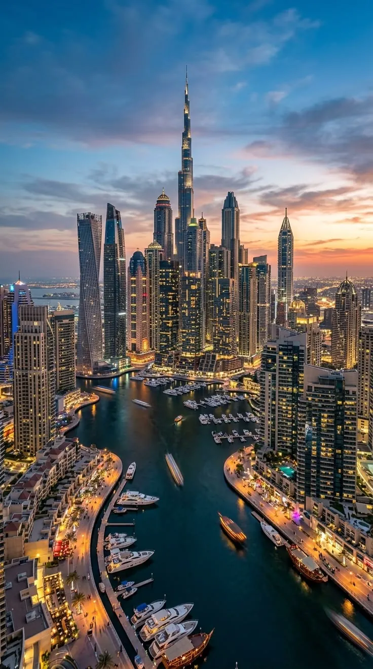 Dubai Marina and the Burj Khalifa at dusk