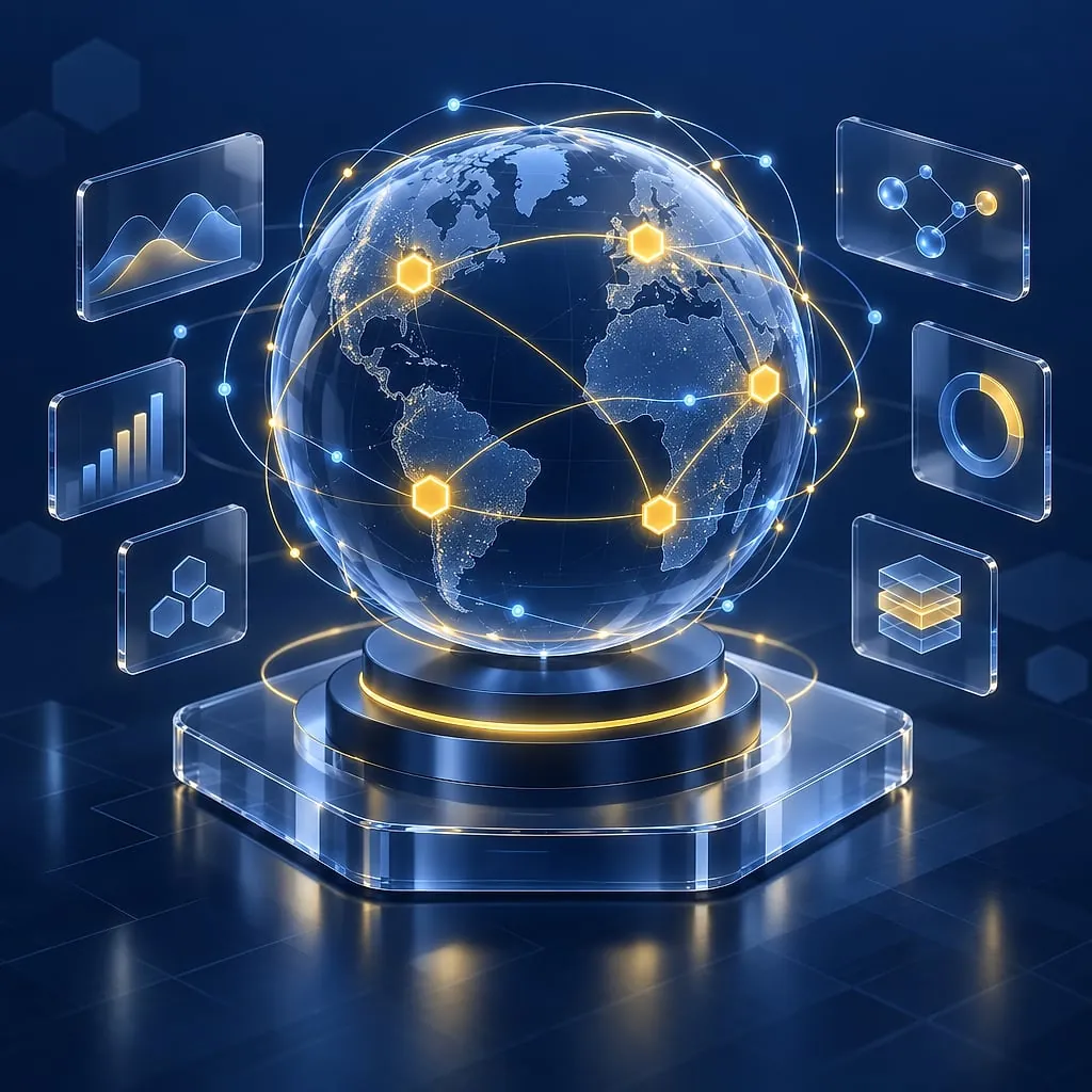 A glass globe held in a lattice of glowing data arcs, five gold markers connected across its surface