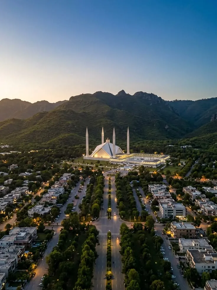 The Faisal Mosque below the Margalla Hills, Islamabad
