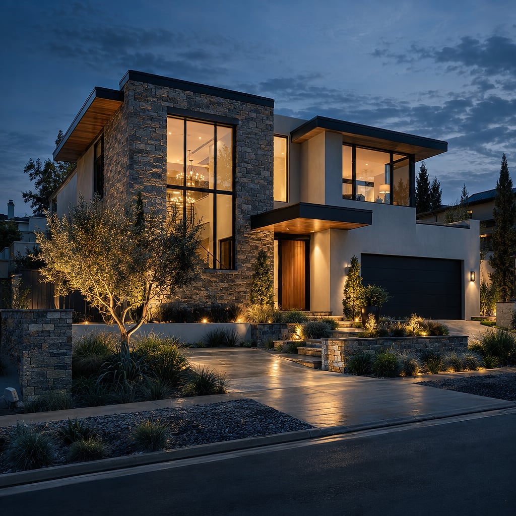 A completed contemporary residential villa at dusk with warm lit windows and a landscaped garden