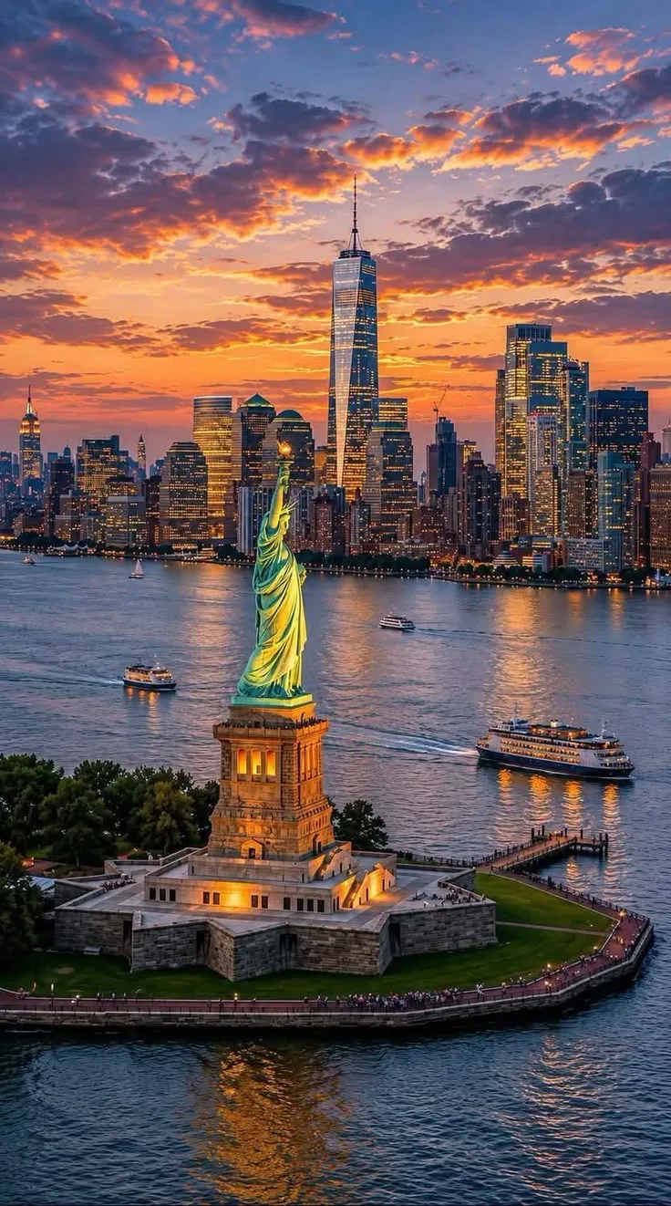 The Statue of Liberty and the Manhattan skyline at sunset